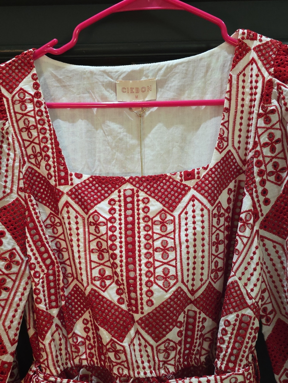 NWT CIEBON Ninita Bella Red White Eyelet Embriodered Scalloped Hem Dress Size M - Picture 3 of 15